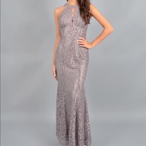 NIGHTWAY Lace Metallic Halter Gown in Mocha